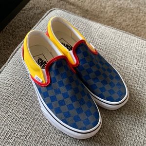 Red yellow blue checker vans slip on
